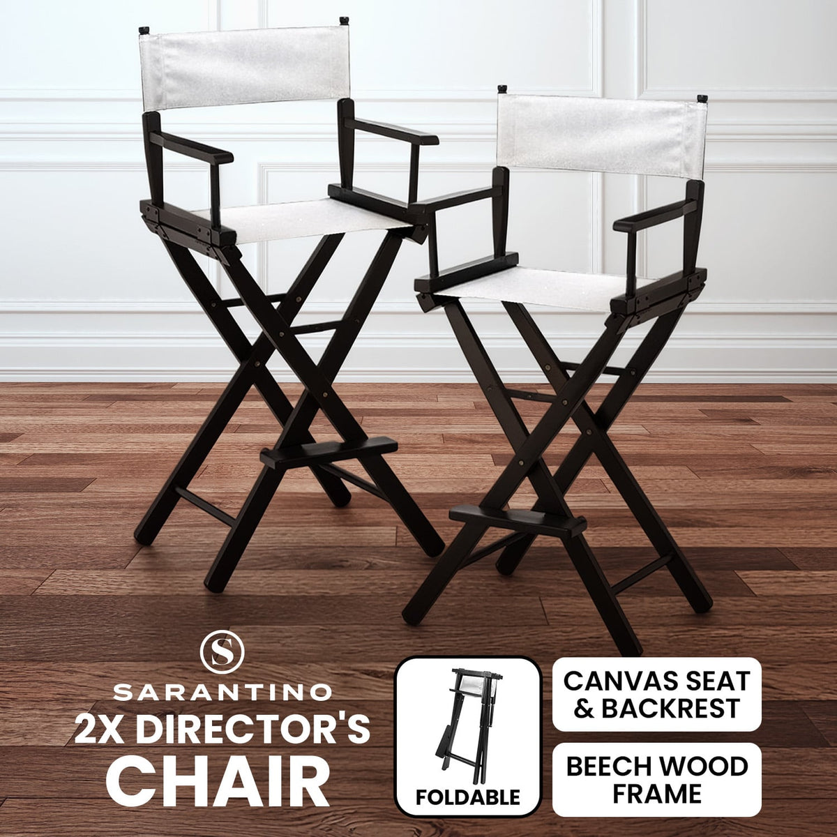 Tall Director Chair White Canvas 45x52.5x118cm