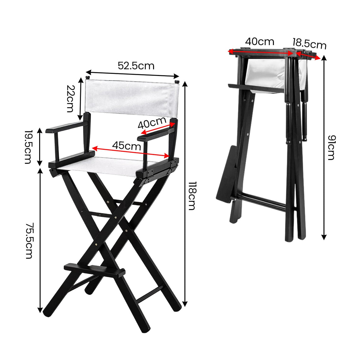 Tall Director Chair White Canvas 45x52.5x118cm
