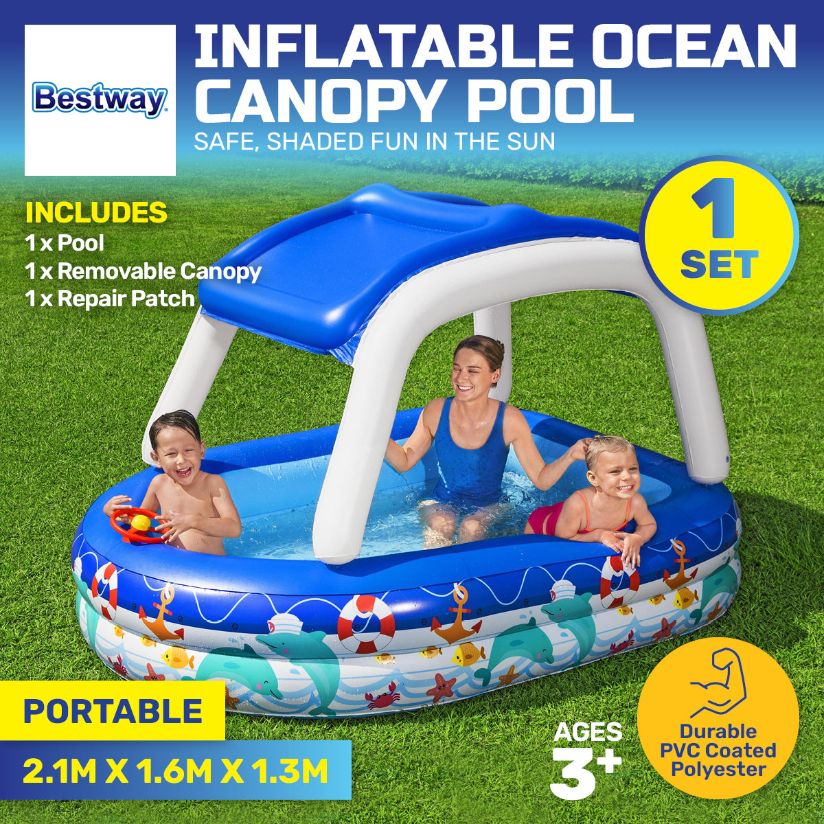Inflatable Pool Removable Canopy Boat Design Ocean Themed 282L