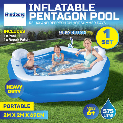 Inflatable Pentagon Shaped Pool Fitted With Headrests & Seats 575L