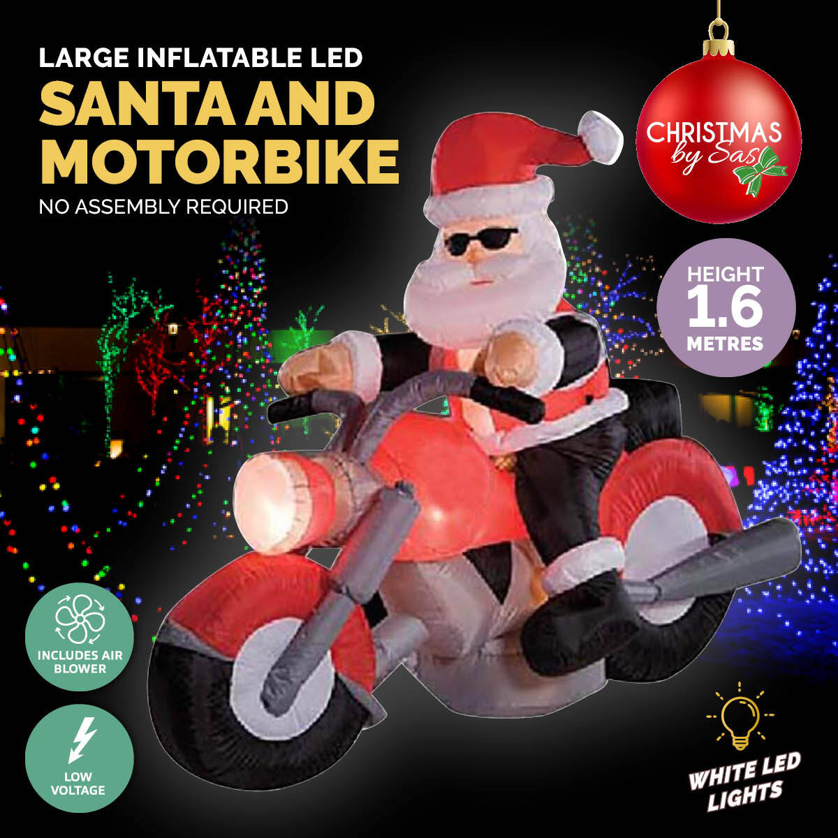 1.6m Santa & Motorbike Built-In Blower Bright LED Lighting