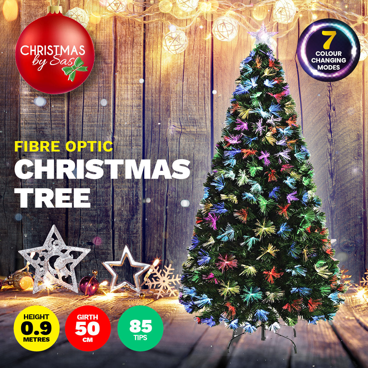 90cm Fibre Optic Christmas Tree 85 Tips Multicolour Lights & Star