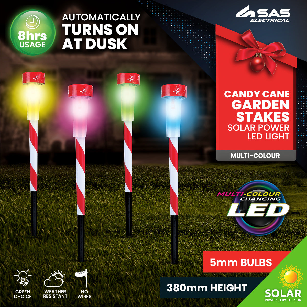 24PCE Solar Stakes Red & White Striped Colour Changing 36cm