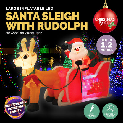 1.2m Self Inflatable LED Santa Sleigh & Rudolph