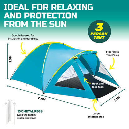 Tent 3-Person UV Protected Double Layered Carry Bag Pegs 2.4m