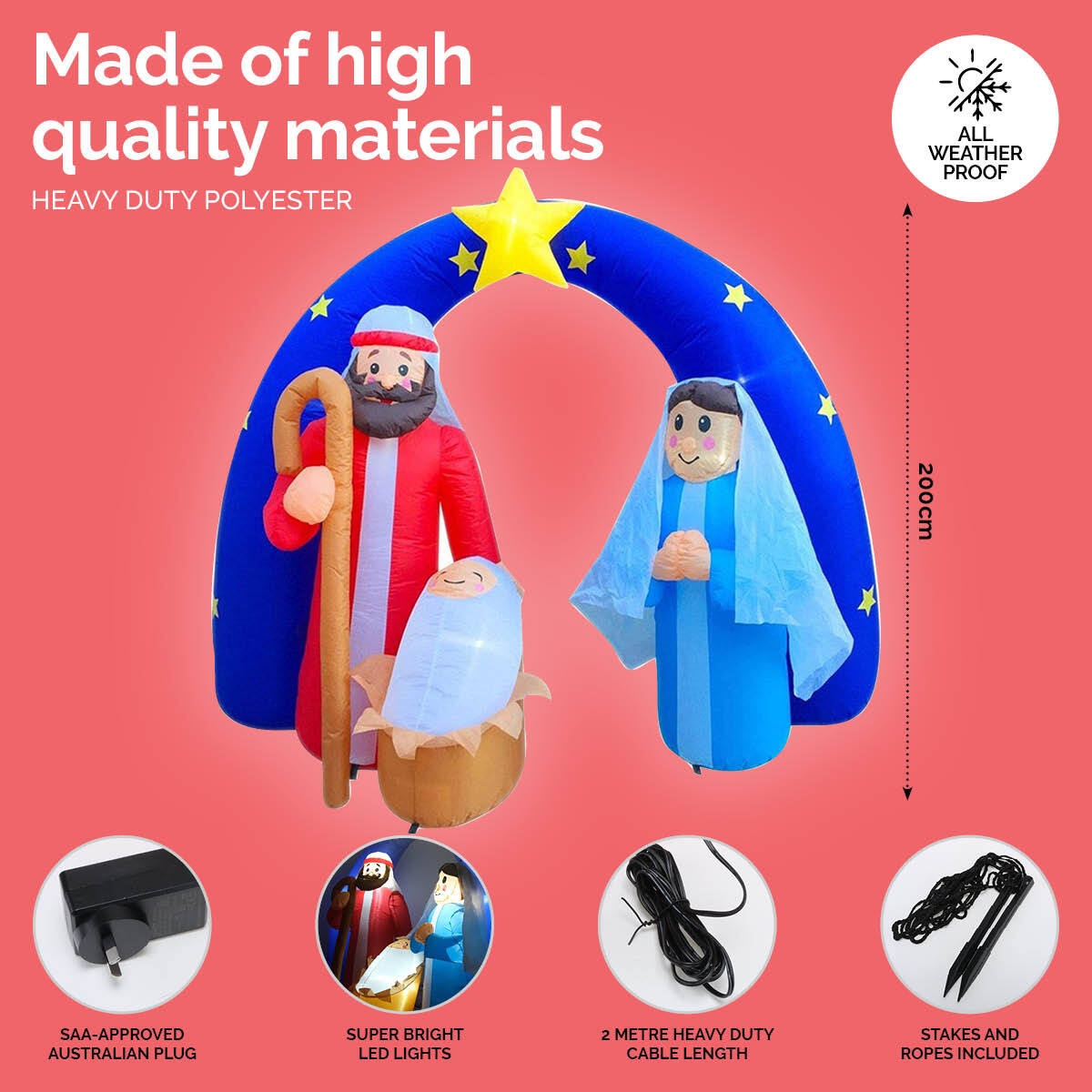 2m Nativity Scene Baby Jesus Self Inflating LED Lighting