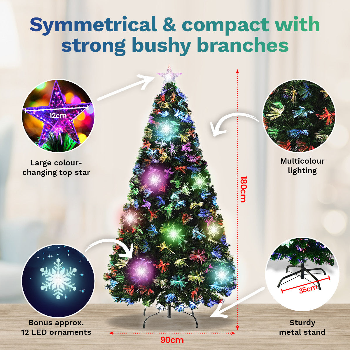 1.8m Fibre Optic/LED Christmas Tree 210 Tips Multicolour Star & Ornaments