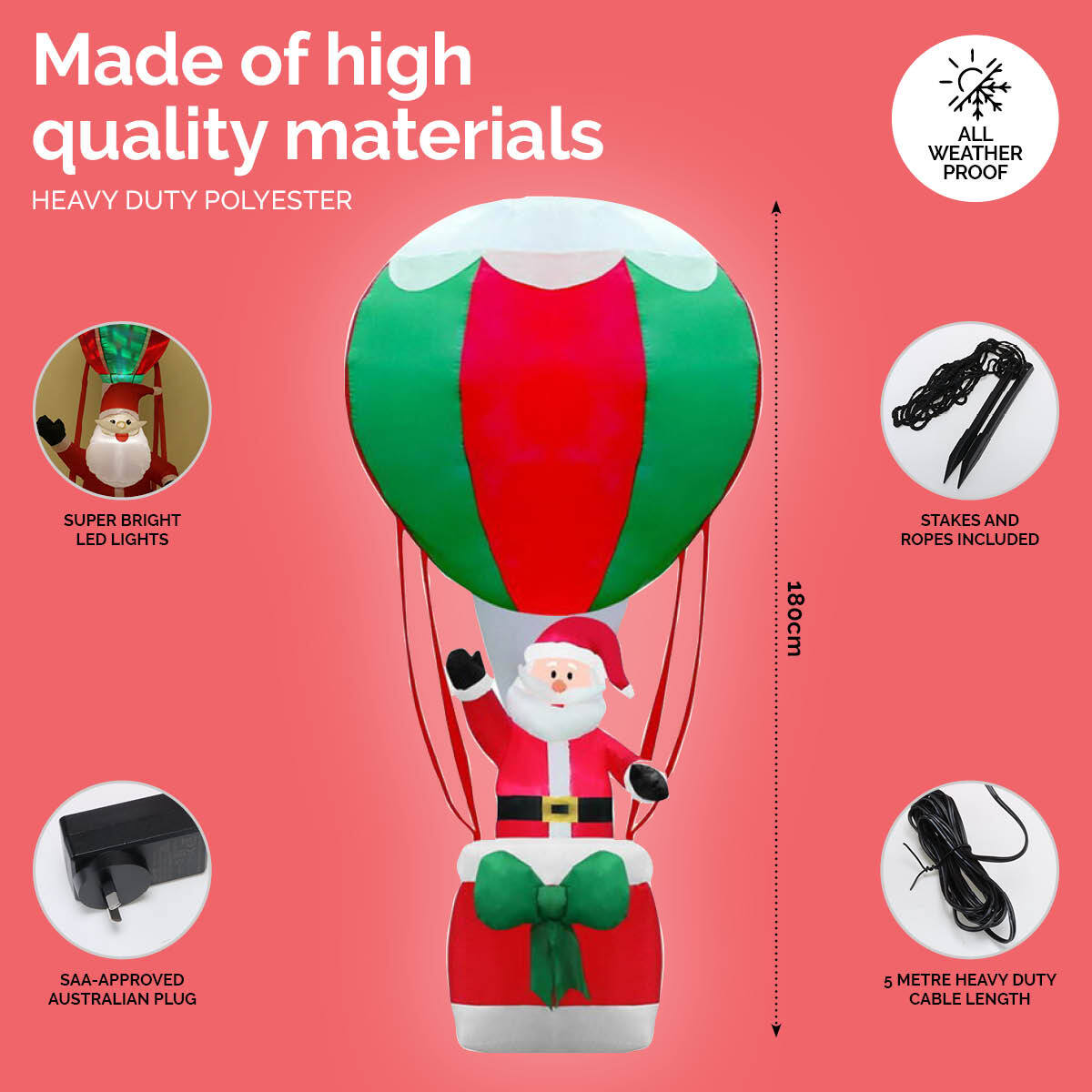 1.8m Santa & Hot Air Balloon Self Inflating LED Lighting