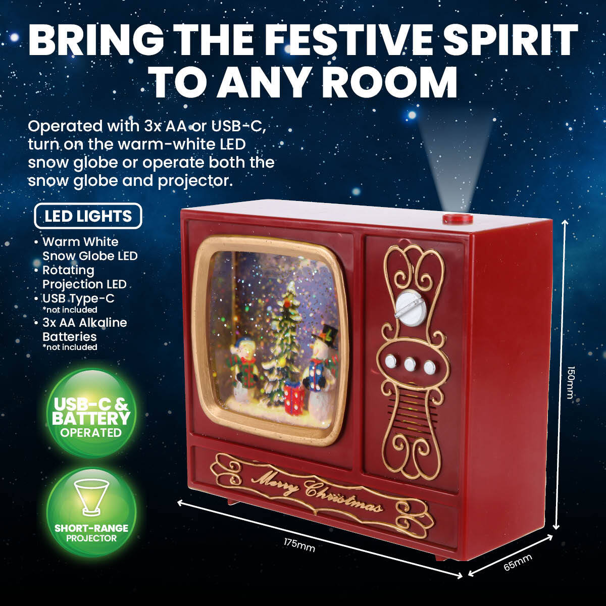 2-in-1 Vintage Radio Christmas Snowmen Snow Globe & Projector