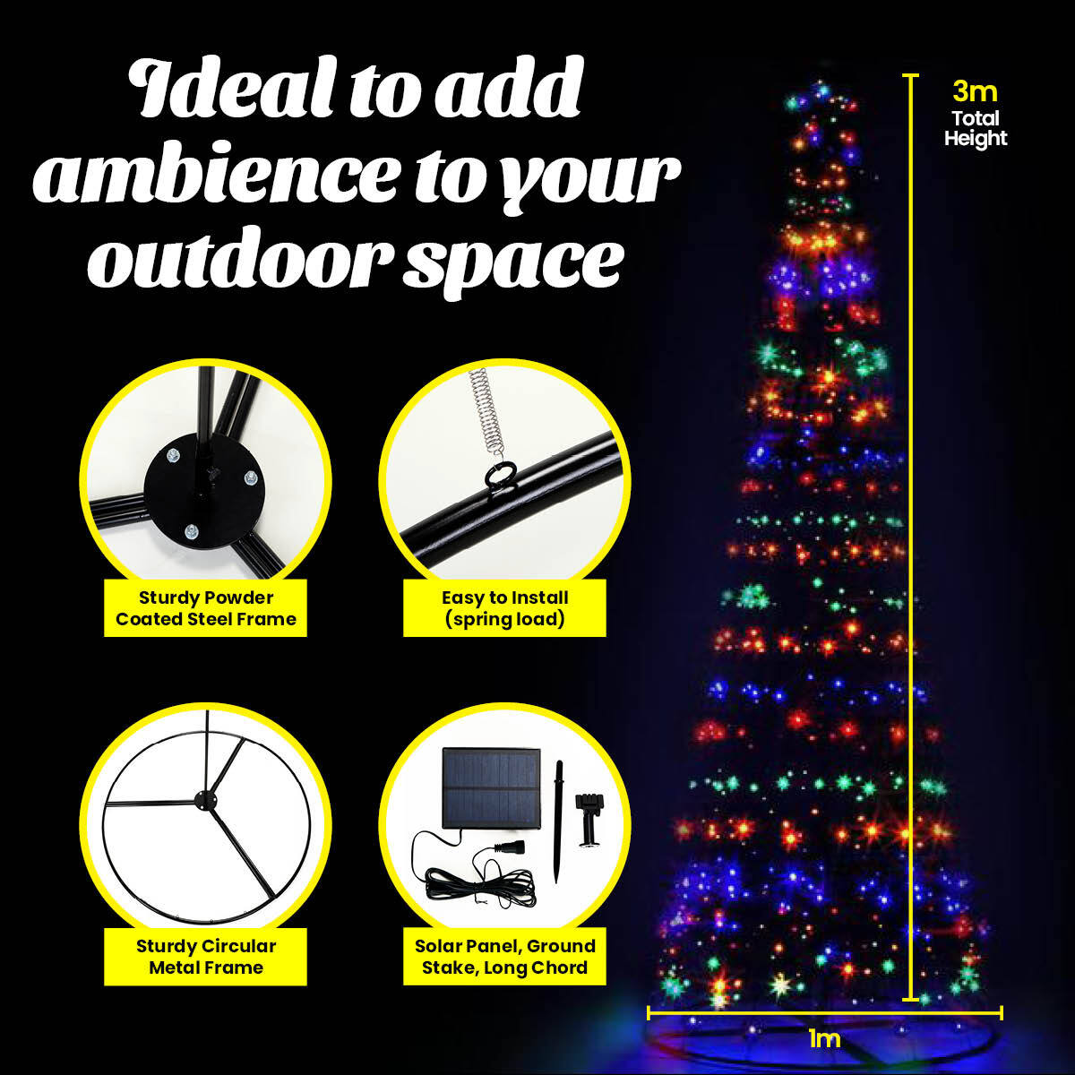 3m Tree Shaped LED Multicoloured Solar Lights & Metal Frame