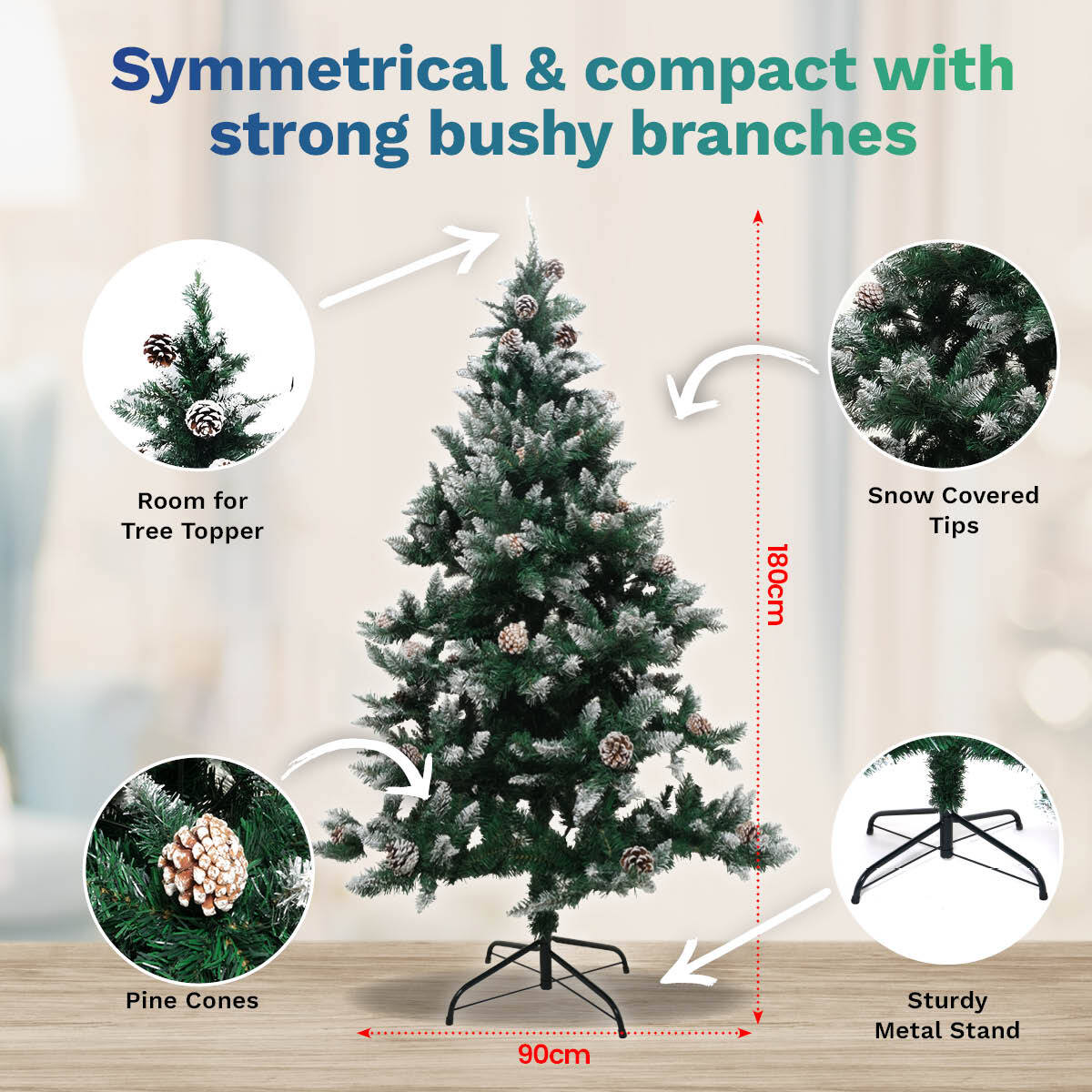 1.8m Full Figured Tree Snow Covered Tips & Pine Cones