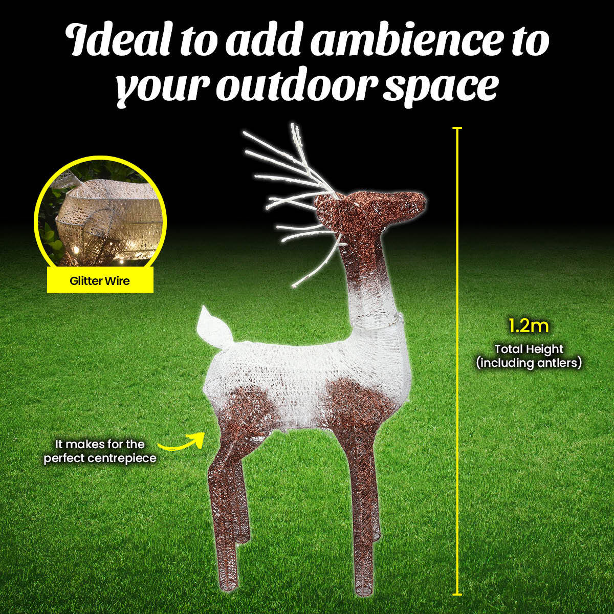 1.2m Reindeer Glitter Wire Solar LED Warm White Auto Sensor