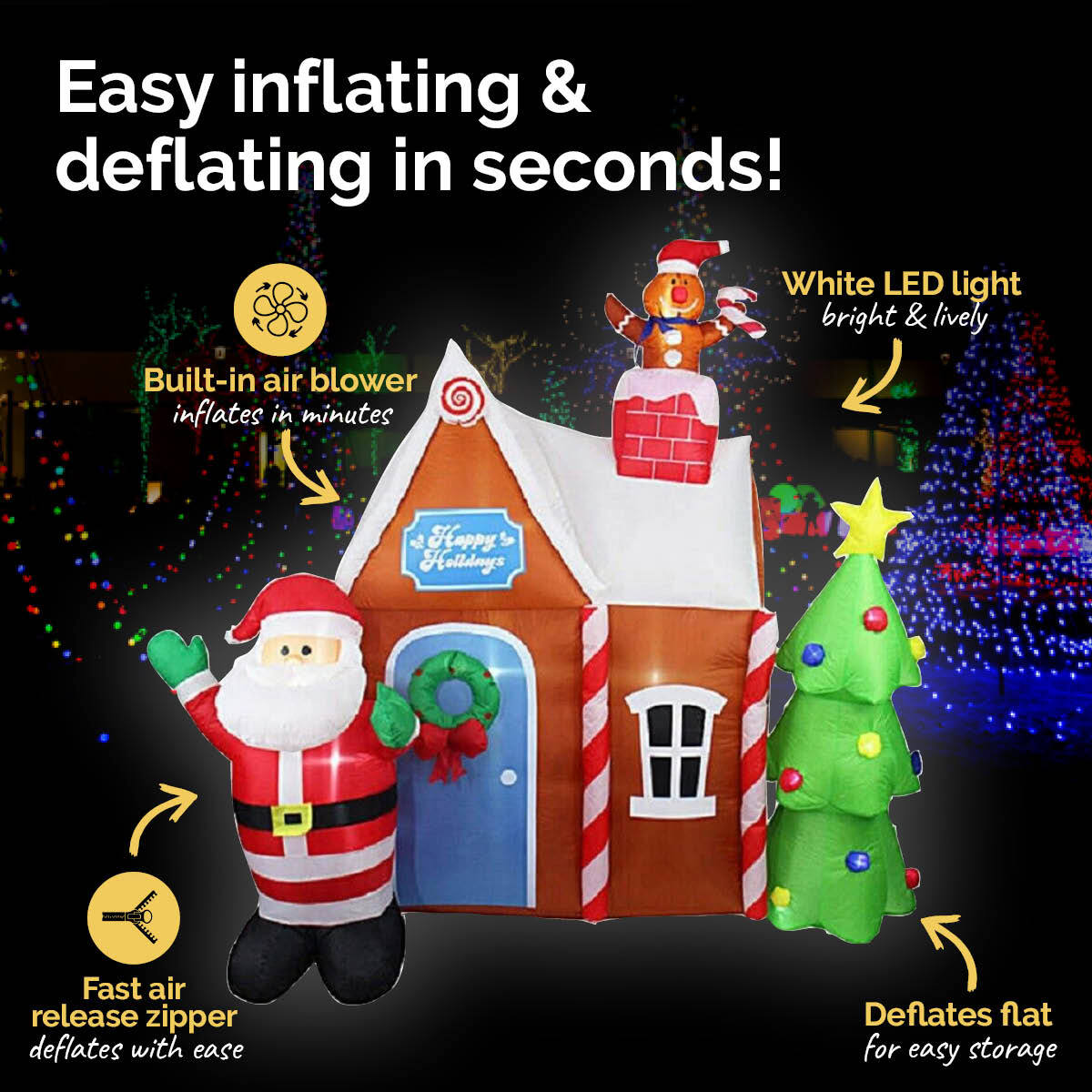 2.2m Gingerbread House & Santa Self Inflating LED Lights