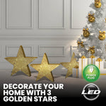 3PCE 3D Gold Stars Display Various Sizes Cool White Lighting