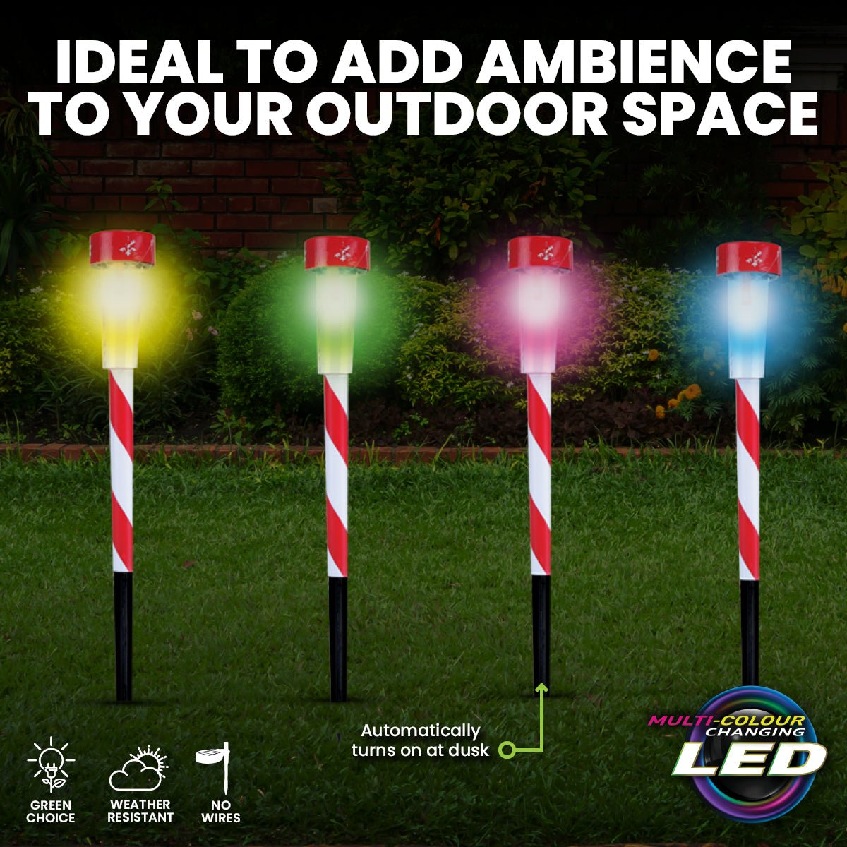 24PCE Solar Stakes Red & White Striped Colour Changing 36cm