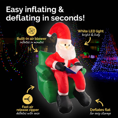 1.9m Santa & His Reading Chair Self Inflating LED Lighting