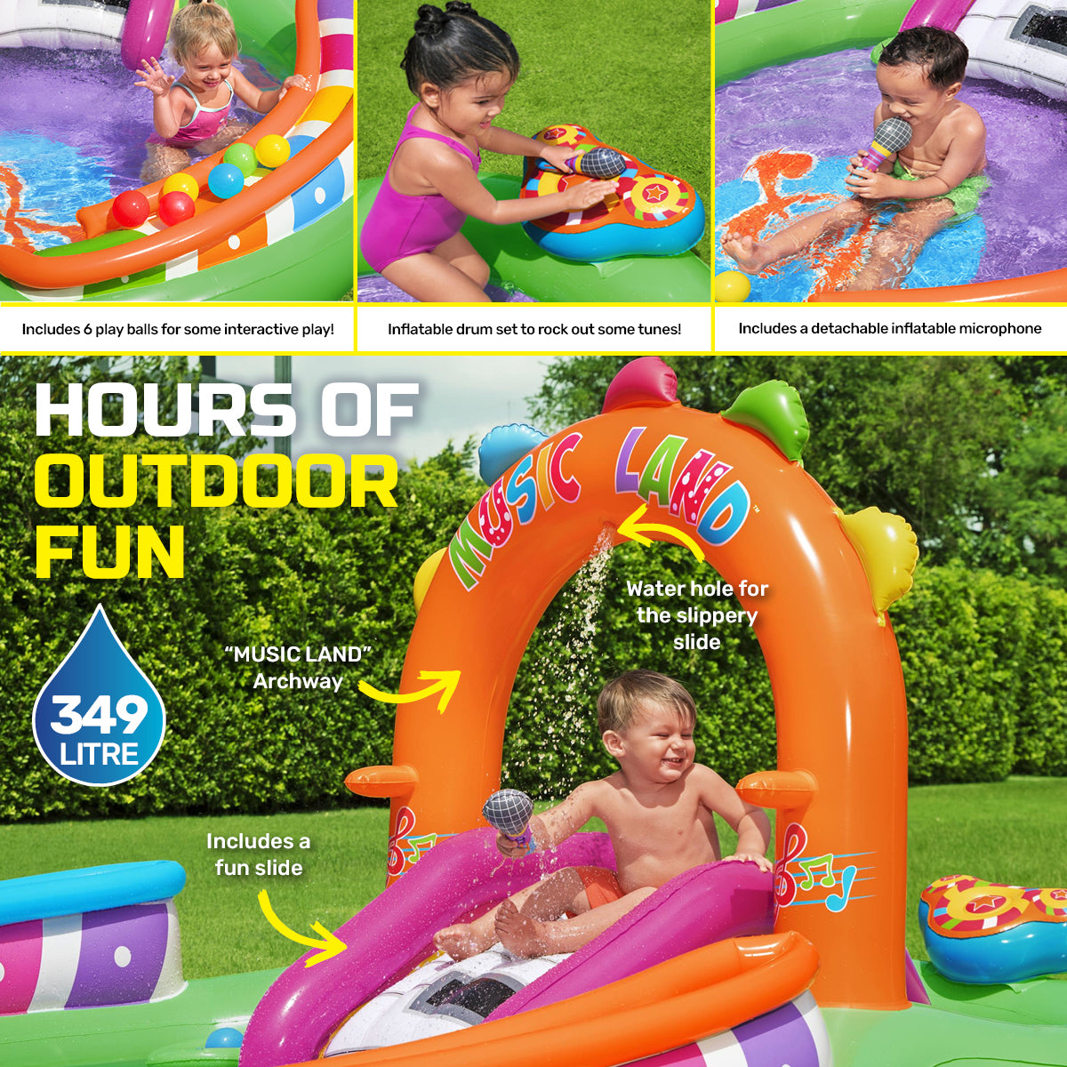 Inflatable Sing & Splash Water Fun Park Pool & Slide 349L