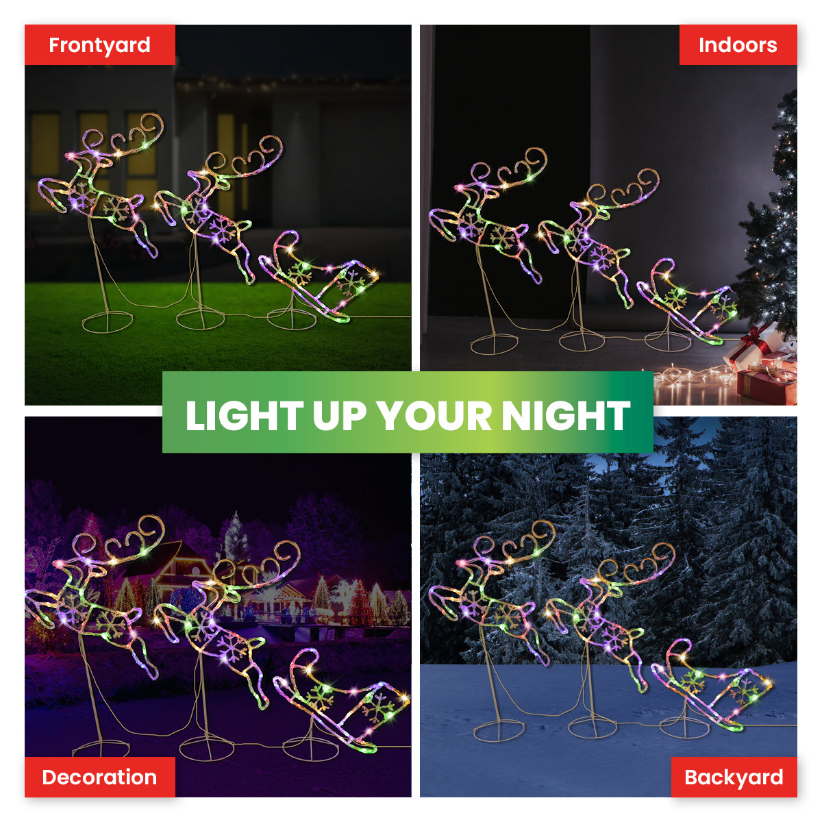 3m Reindeer & Sleigh Set Rope Light With Stands Multi-Colour