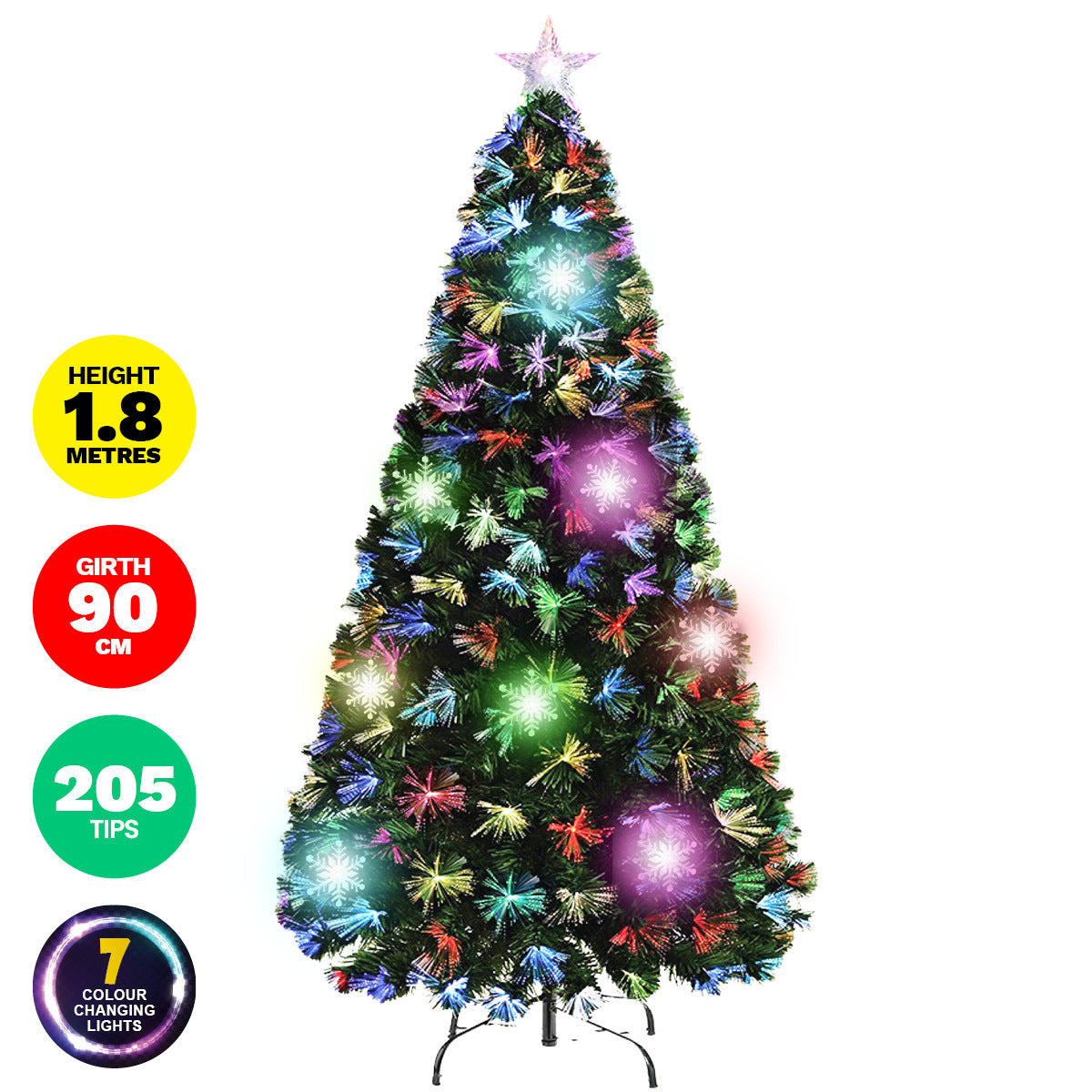 1.8m Fibre Optic/LED Christmas Tree 210 Tips Multicolour Star & Ornaments
