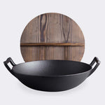 36CM Commercial Cast Iron Wok FryPan with Wooden Lid Fry Pan