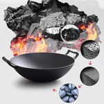 36CM Commercial Cast Iron Wok FryPan with Wooden Lid Fry Pan