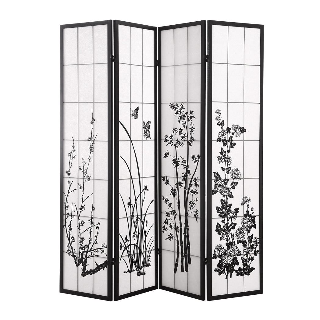 4 Panel Room Divider Screen Door Stand Privacy Fringe Wood Fold Blossom