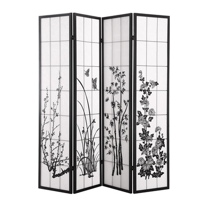 4 Panel Room Divider Screen Door Stand Privacy Fringe Wood Fold Blossom