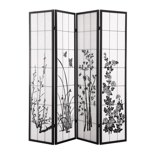 4 Panel Room Divider Screen Door Stand Privacy Fringe Wood Fold Blossom