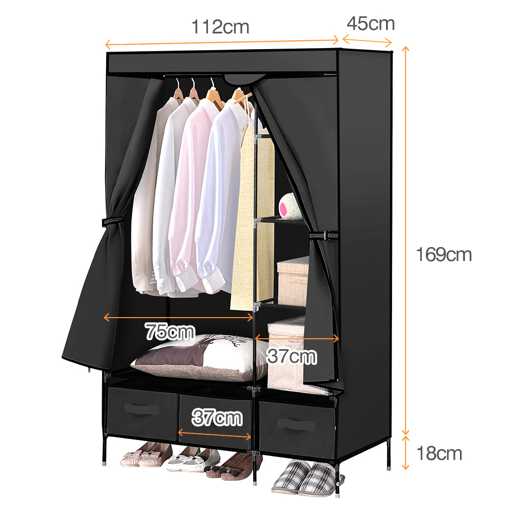 Portable Wardrobe with 3 Drawer Black
