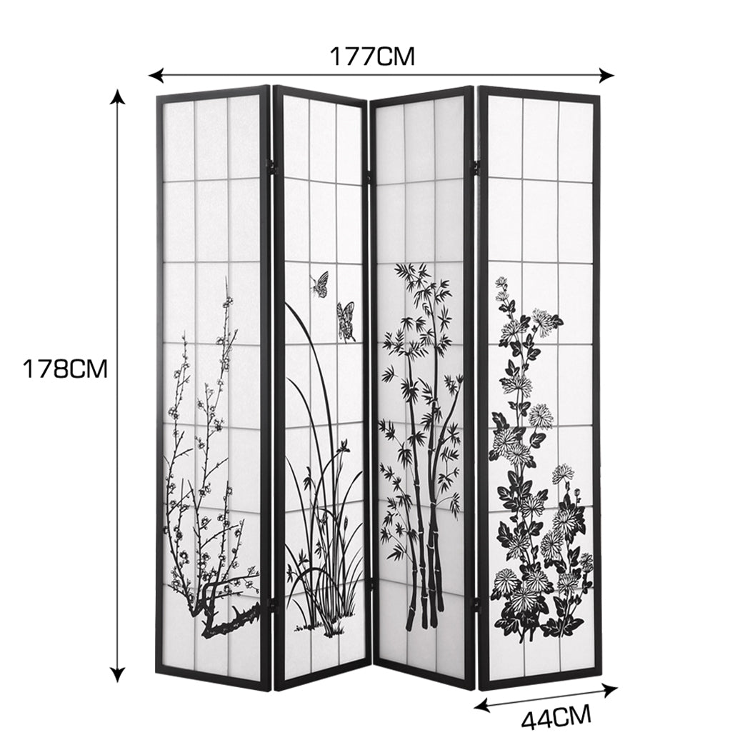 4 Panel Room Divider Screen Door Stand Privacy Fringe Wood Fold Blossom