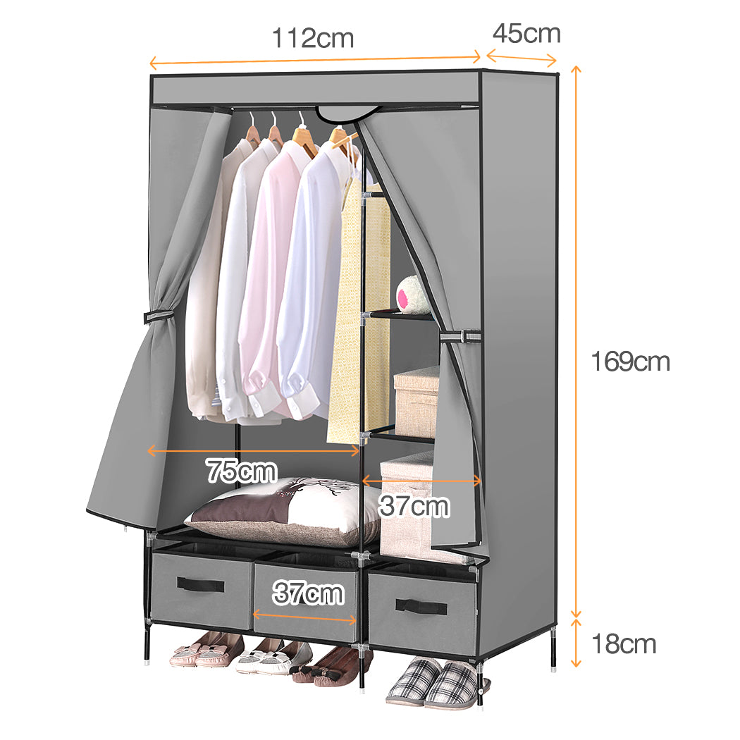 Portable Wardrobe with 3 Drawer Grey