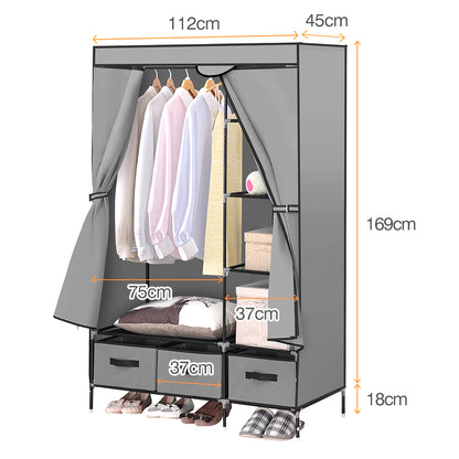 Portable Wardrobe with 3 Drawer Grey