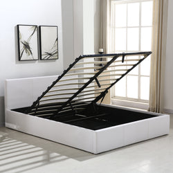 Gas Lift Bed Frame Premium Leather Base Mattress Storage Queen Size White
