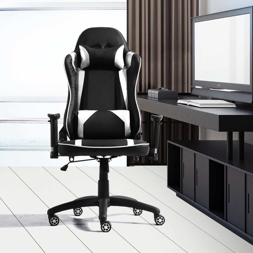 Executive Gaming Office Chair Racing Computer PU Leather Recliner Silver