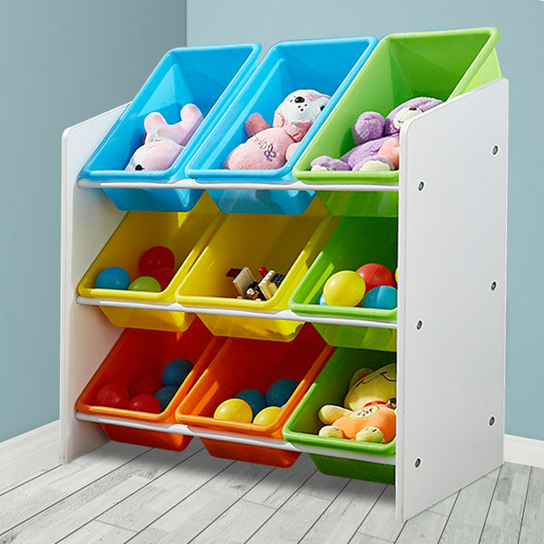 9 Bins Kids Toy Box Bookshelf Organiser Storage Rack