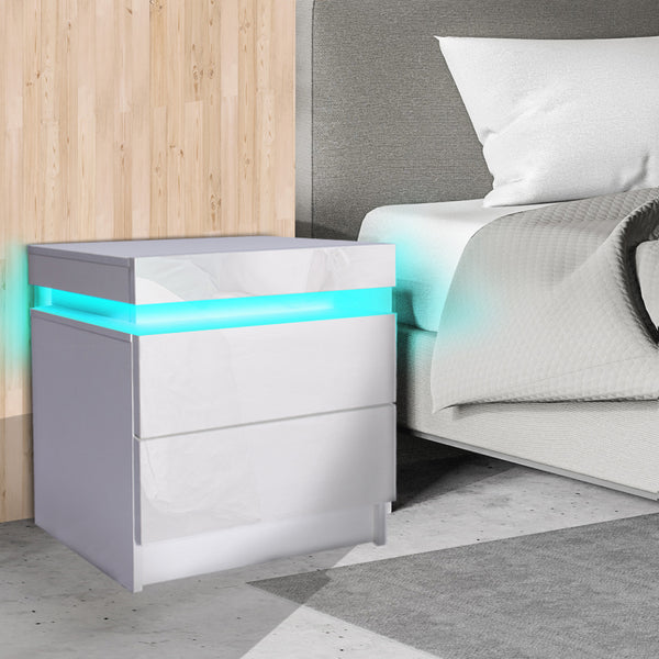  Bedside Tables Drawers RGB LED Storage Cabinet High Gloss Nightstand