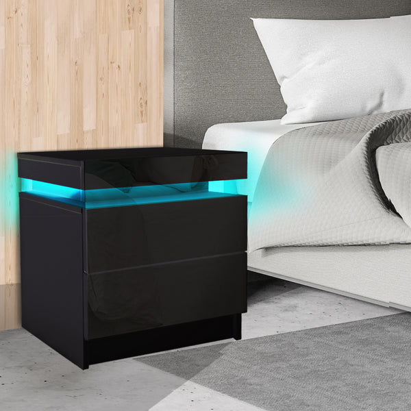  Bedside Tables Drawers RGB LED Side Table High Gloss Nightstand Cabinet