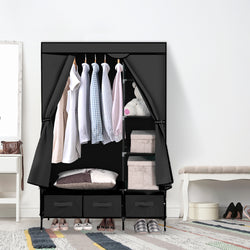 Portable Wardrobe with 3 Drawer Black