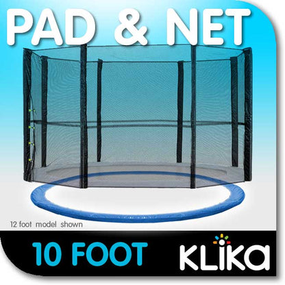 10Ft Trampoline Replacement Safety Pad And Net Round  8 Poles Blue