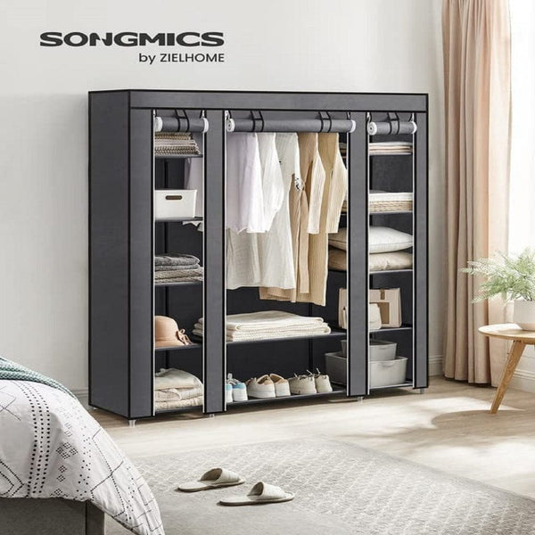  150cm Portable Closet Organizer, Wardrobe with Shelves and Cover Gray