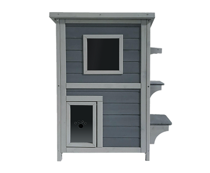 2 Story Weatherproof Indoor Outdoor Wooden Cat House-Grey and white