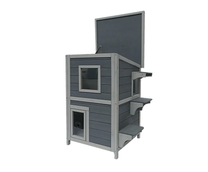 2 Story Weatherproof Indoor Outdoor Wooden Cat House-Grey and white