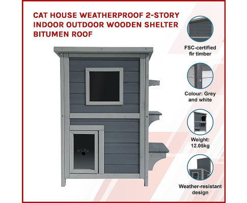 2 Story Weatherproof Indoor Outdoor Wooden Cat House-Grey and white