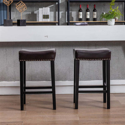 Table & Bar Stools 2X Wooden Legs Saddle Bar Stools Backless Leather Padded Counter Chairs 66Cm