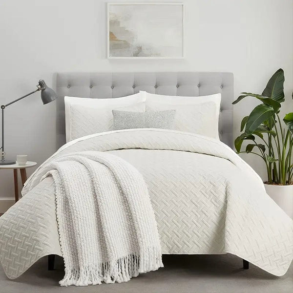  3-Piece Basket Weave Quilt Set with Embossed Lightweight Blanket and Pillowcases