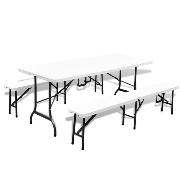  Folding Garden Table with 2 Benches 180 cm Steel and HDPE White