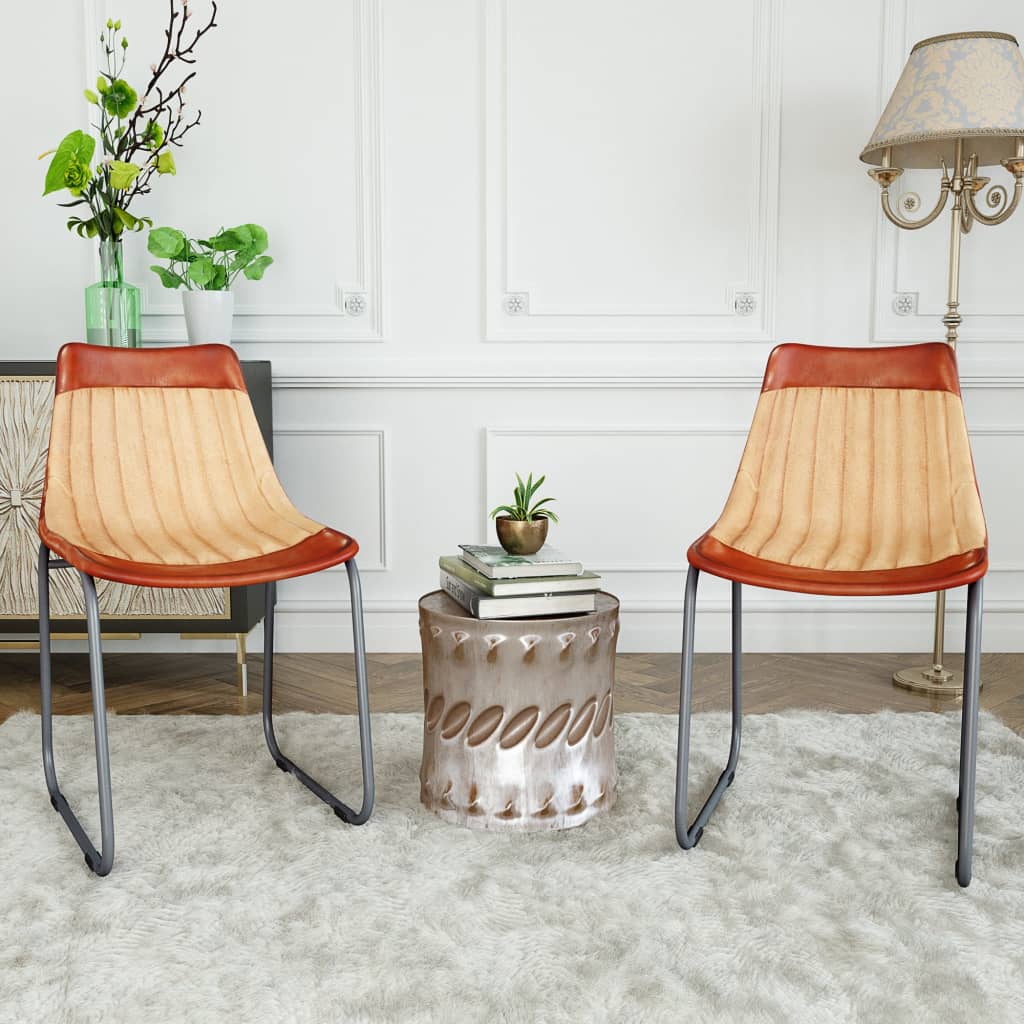 Dining Chairs 2 pcs Brown and Beige Real Leather and Canvas