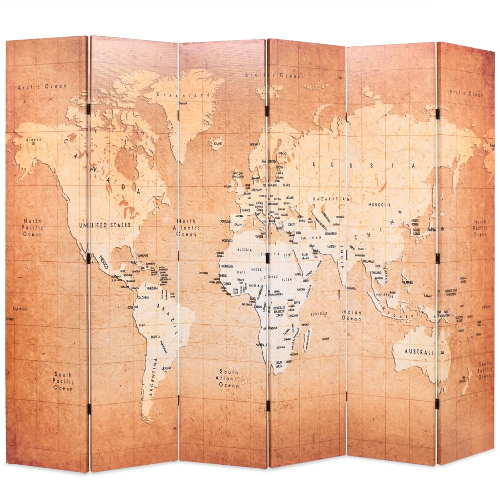 Folding Room Divider 228x180 cm World Map Yellow