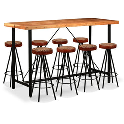 9 Piece Bar Set Solid Sheesham Wood, Genuine Leather & Canvas