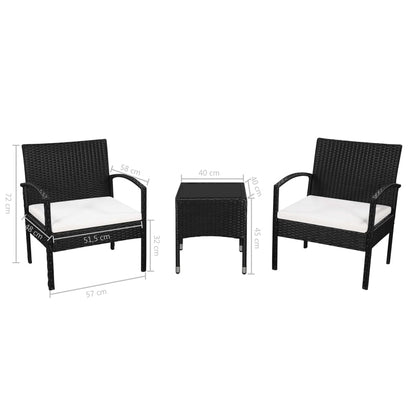 3 Piece Bistro Set with Cushions Poly Rattan Black